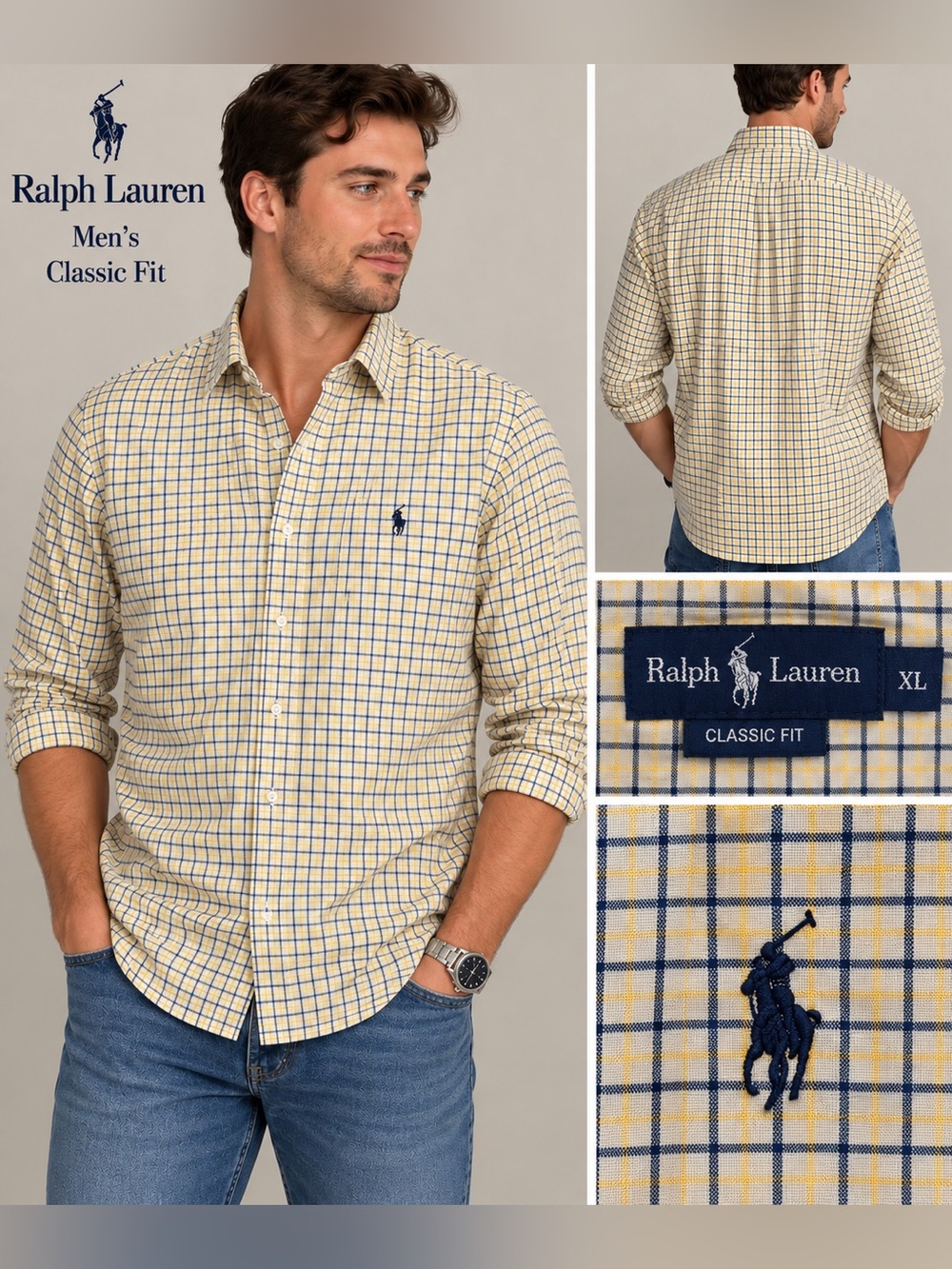 Ralph Lauren Men's  cream Button-Down Shirt with Navy Windowpane